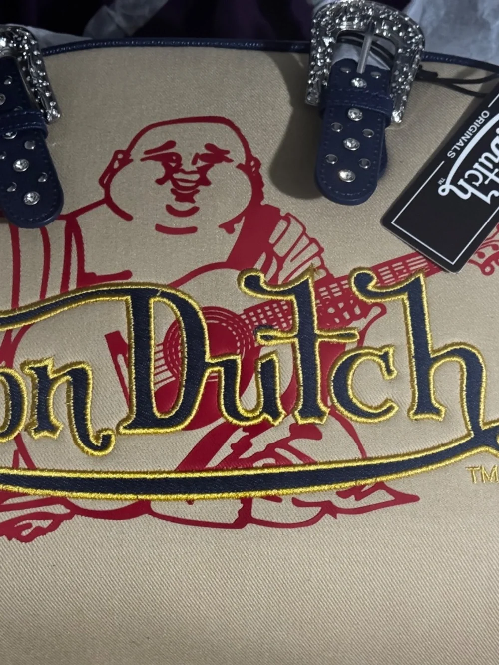 Von Dutch Cream/Navy/Red Logo Satchel Top Handle Zip Studs Buckle Detach Strap